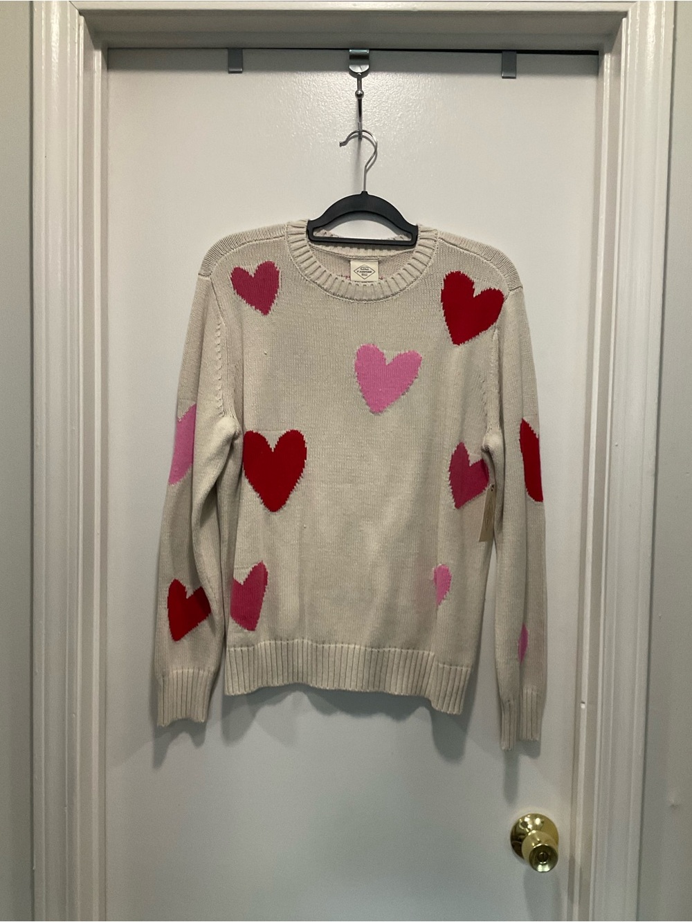 St. John's Bay Cream Crewneck Sweater with Red & Pink Hearts